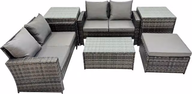 Fimous PE Rattan Garden Set in Dark Grey with 2-Seater Sofas, Coffee Table and Ottoman