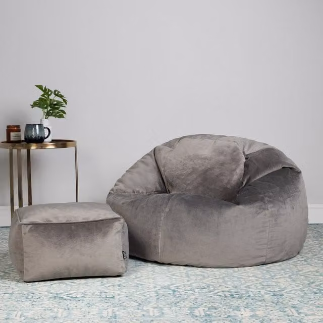 ICON Kingston Classic Velvet Bean Bag and Footstool in Charcoal Grey