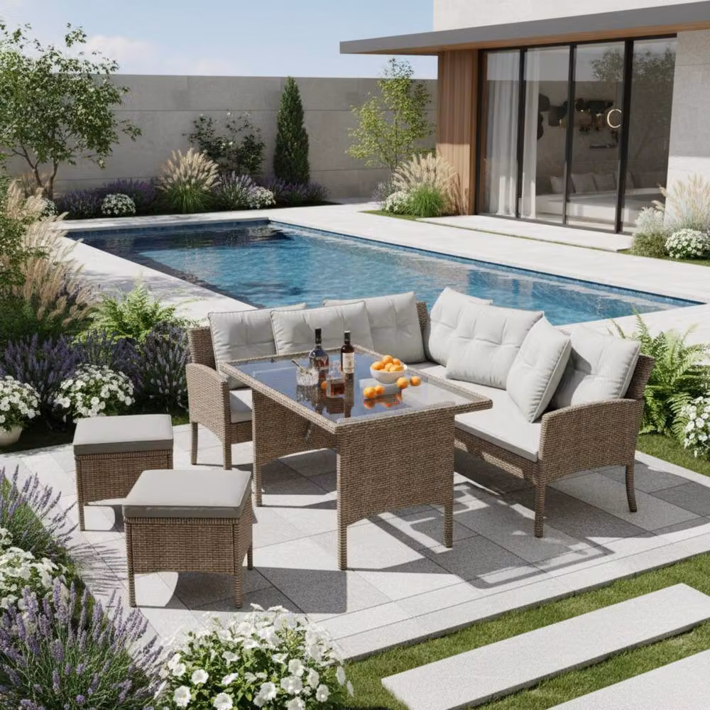 STILVORA Modern Grey Garden Sofa Set with Table and Stool featuring Rattan and Glass Details – 3