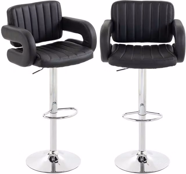 NESTLUNE Set of 2 Adjustable Swivel Bar Stools with Armrests in Black Synthetic Leather and Metal – 1