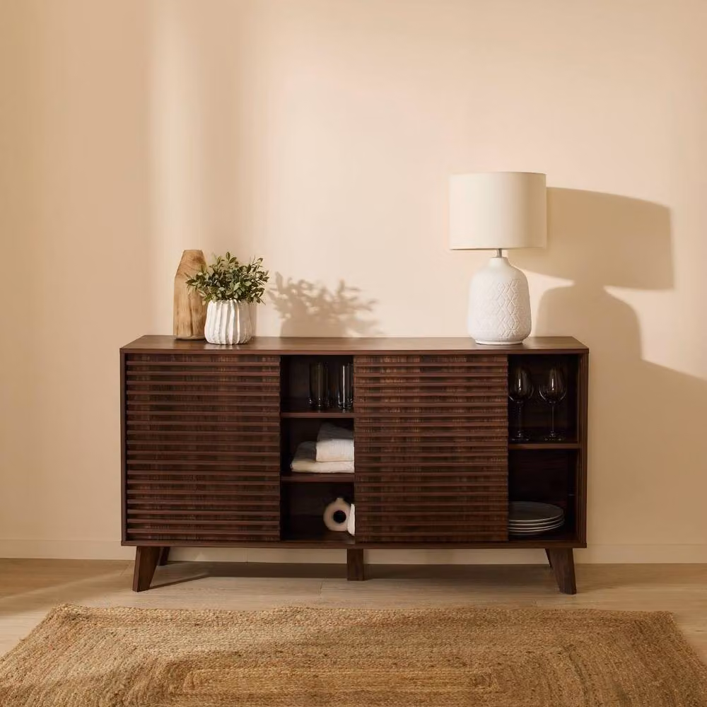 CALICOSY FRIBOURG Sideboard with 2 Sliding Doors and Grooved Wood Effect Fronts in Dark Brown, Width: 140 cm – 2