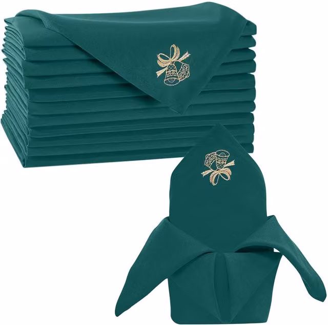 Neel Blue Christmas Table Napkins with Jingle Bell Embroidery, Blue, Green and Gold, 10 Pack – 1