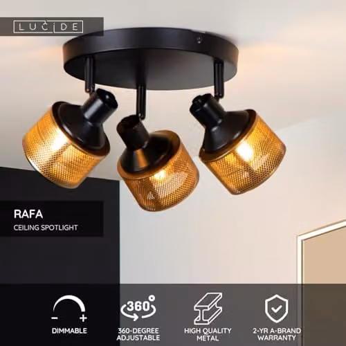 Lucide Rafa Dimmable and Adjustable Metal Ceiling Spotlight in Black, Diameter: 35 cm, 3 x E14 – 2