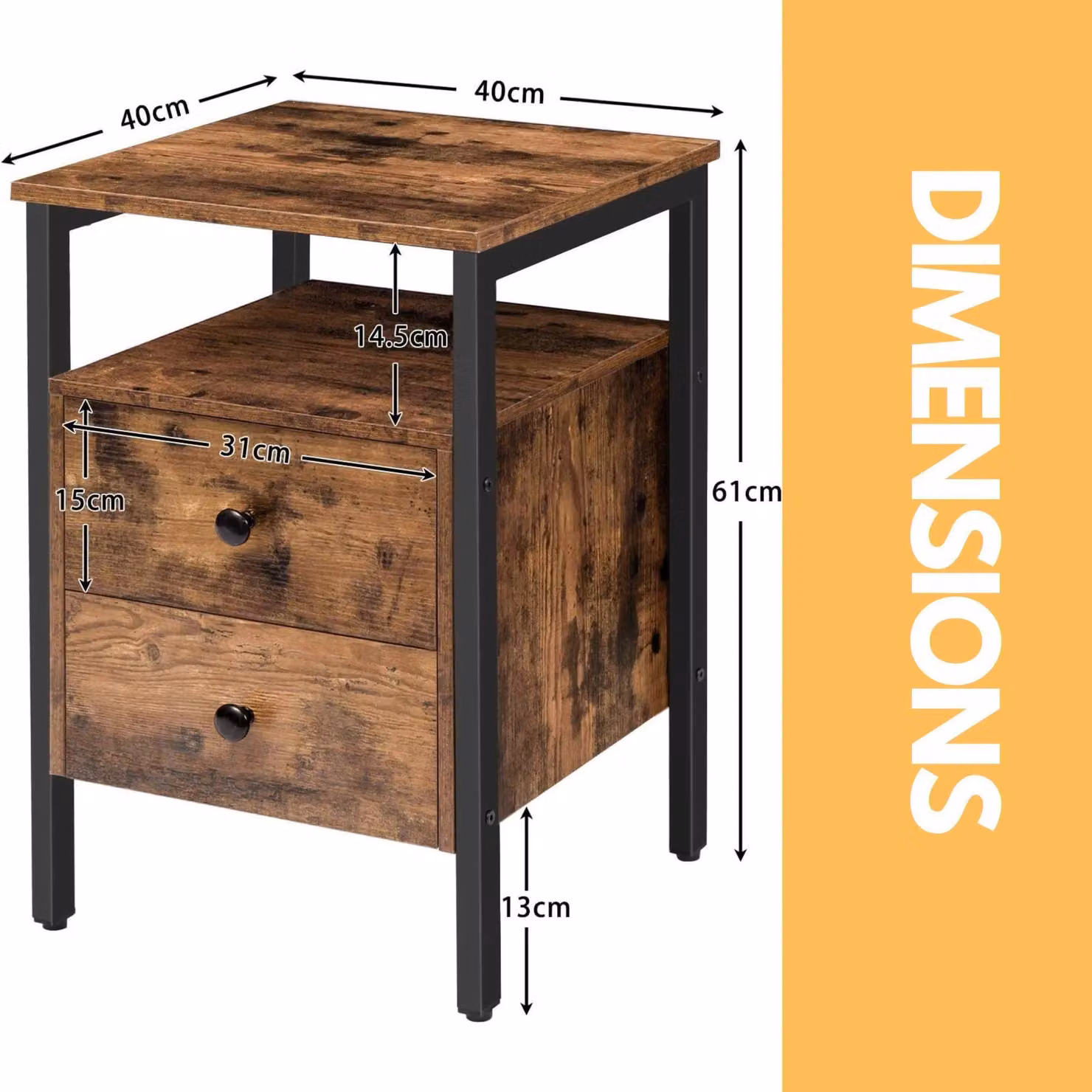 Rafaelo Mobilia Industrial Bedside Table with 2 Drawers in Brown and Black, W/D/H: 40 x 40 x 61 cm – 5