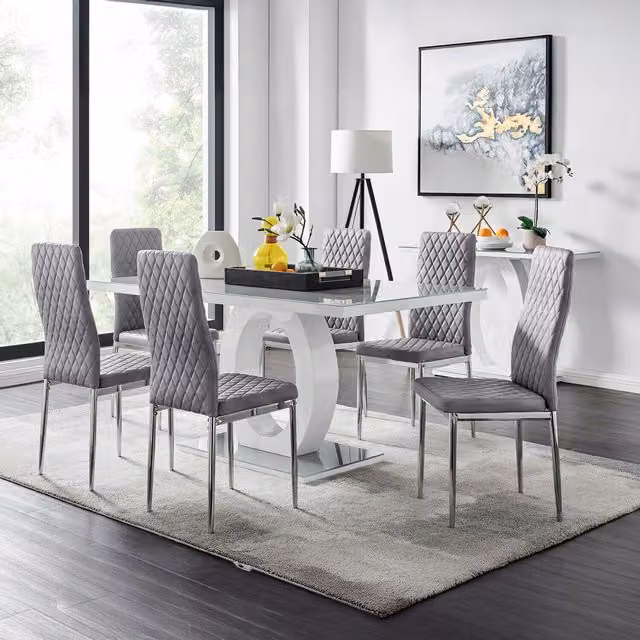 FurnitureboxUK Giovani Grey Dining Set with Rectangular Glass Table and 6 Grey Velvet Milan Chairs