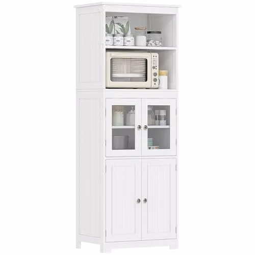 HOMCOM Freestanding 4-Door Kitchen Larder Cupboard with Glass Doors and Internal Shelves, White, W: 60.0 cm, D: 30.0 cm, H: 162.0 cm