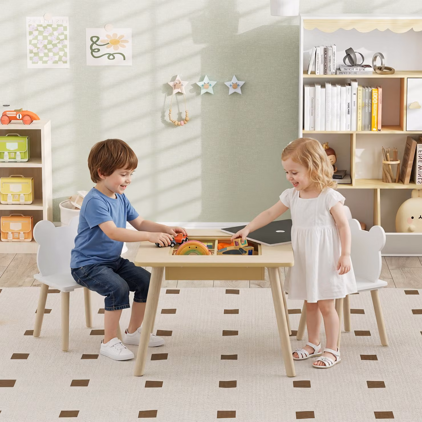 AIYAPLAY 3-Piece Kids Table and Chairs Set with Convertible Desk and Storage Grid in White – 2