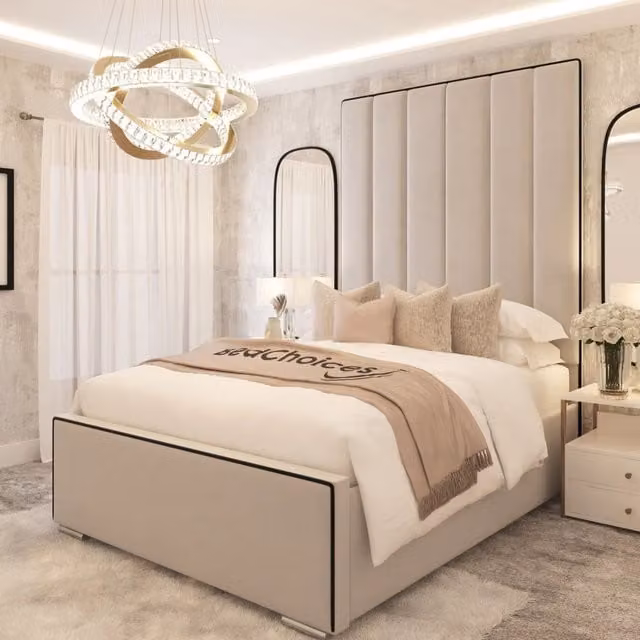 Bed Choices Herringbone Upholstered Luxury Ottoman Bed with 80 inch Headboard in Beige, Size: Double (W/D/H: 140 x 200 x 203.2 cm)