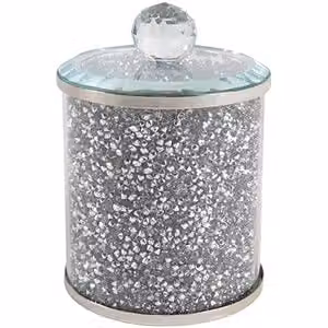 Biznest Crushed Crystal Trinket Box in White and Silver, Round Tabletop Decorative Glass Box, W: 10.0 cm, D: 10.0 cm, H: 1.0 cm