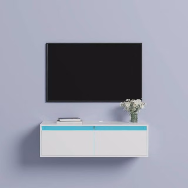 KEEPREAPER Floating TV Stand for 32-50 inch TVs with 2 Flip-Down Doors and LED Lighting in White – 1