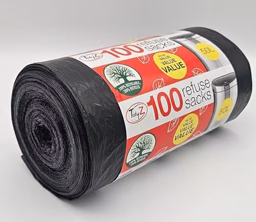 TidyZ Black Refuse Sacks, 50L, 100 Pack Made from 100% Recycled Plastic – 1