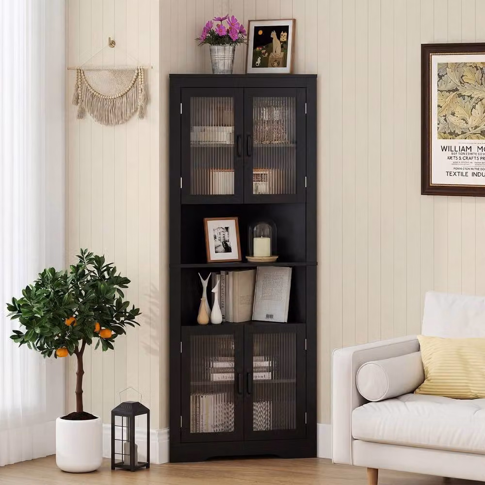 Costway 6-Tier Corner Storage Cabinet with 4 Glass Doors, Black – 3