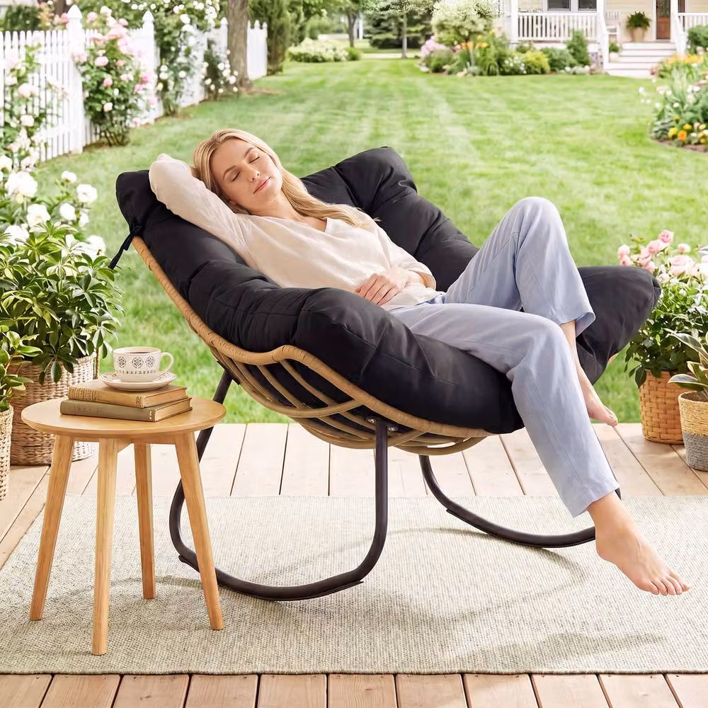 Costway Oversized PE Wicker Outdoor Rocking Egg Chair with Cushion in Black – 5