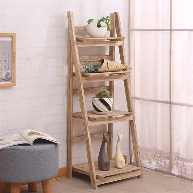 VOGREX 4-Tier Foldable Wooden Ladder Shelf Planter and Storage Rack in Brown, W/D/H: 34.5 x 34.5 x 110 cm – 1