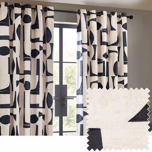 Carro Set of 2 Abstract Cotton Eyelet Curtains in Blue and Black, Height: 183 cm