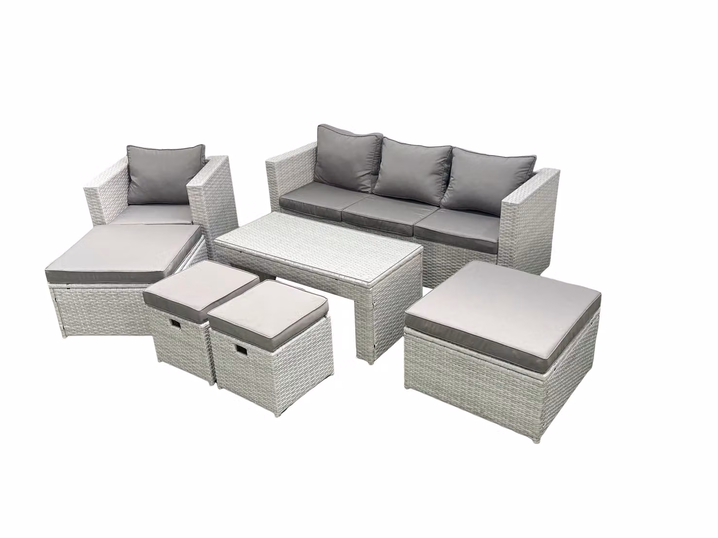Fimous Rattan Garden Furniture Set in Grey with 3 Seater Sofa, Coffee Table and 4 Footstools – 2