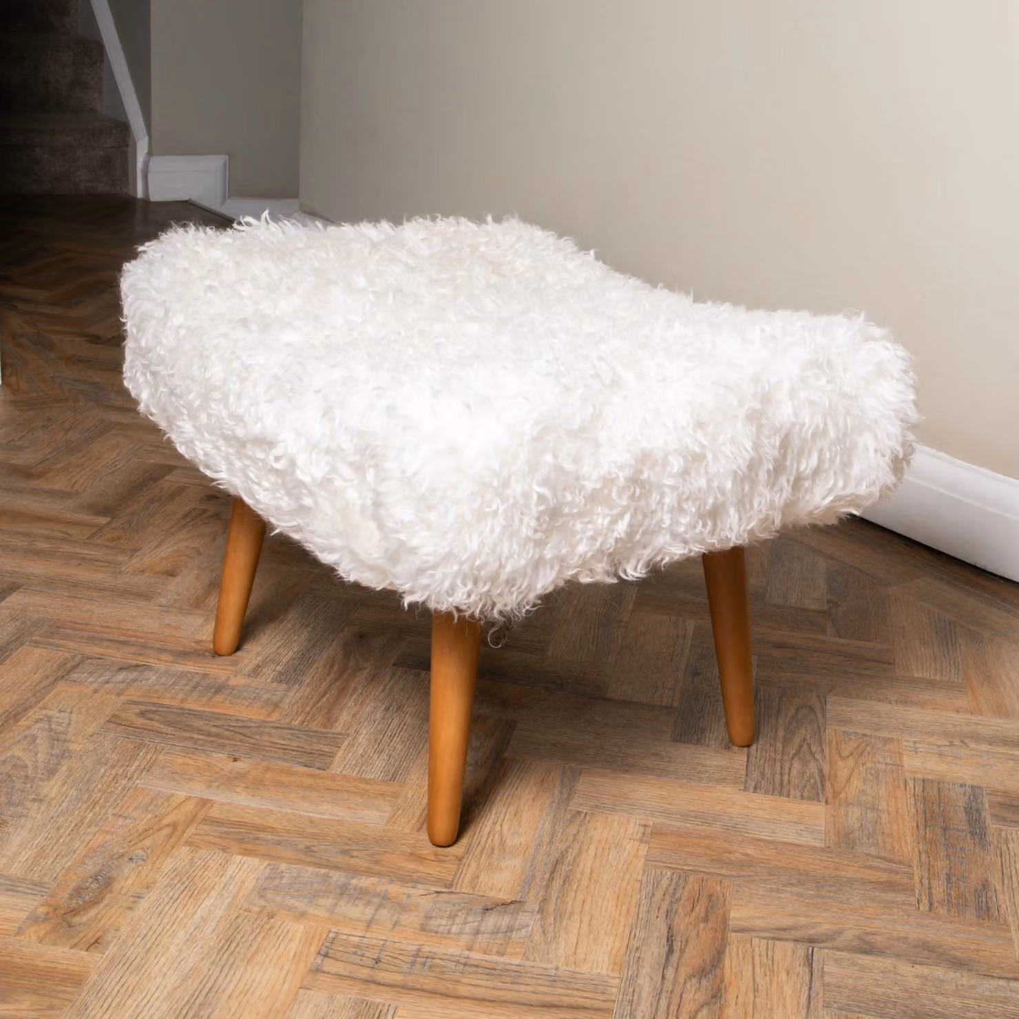 Native Natural White Sheepskin and Wood Shearling Footstool – 2