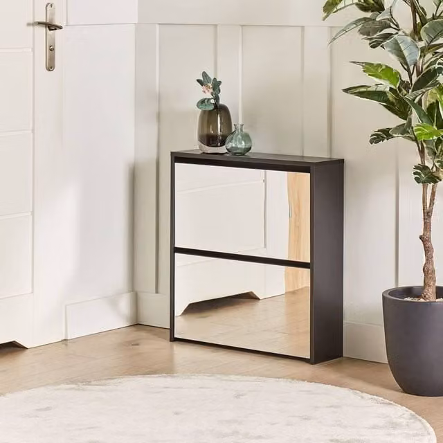 Wyld and Coco Black Shoe Storage Cabinet with Mirror Fronts and 2 Tilting Compartments