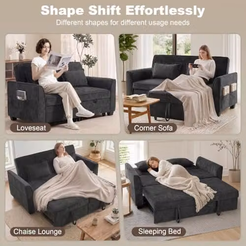 HOMCOM 2 Seater L-Shaped Pull Out Sofa Bed in Black with Fabric Upholstery and Solid Wood Frame – 4