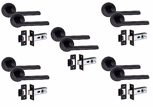Golden Grace Leon Door Handles with Latch, 5 Pairs, Matt Black Finish – 1