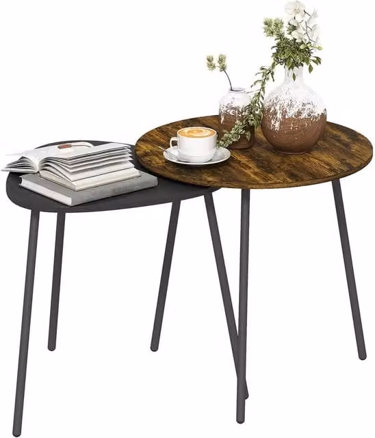 Havendro Nest of 2 Round Nesting Side Tables in Rustic Brown and Black with MDF and Metal Construction
