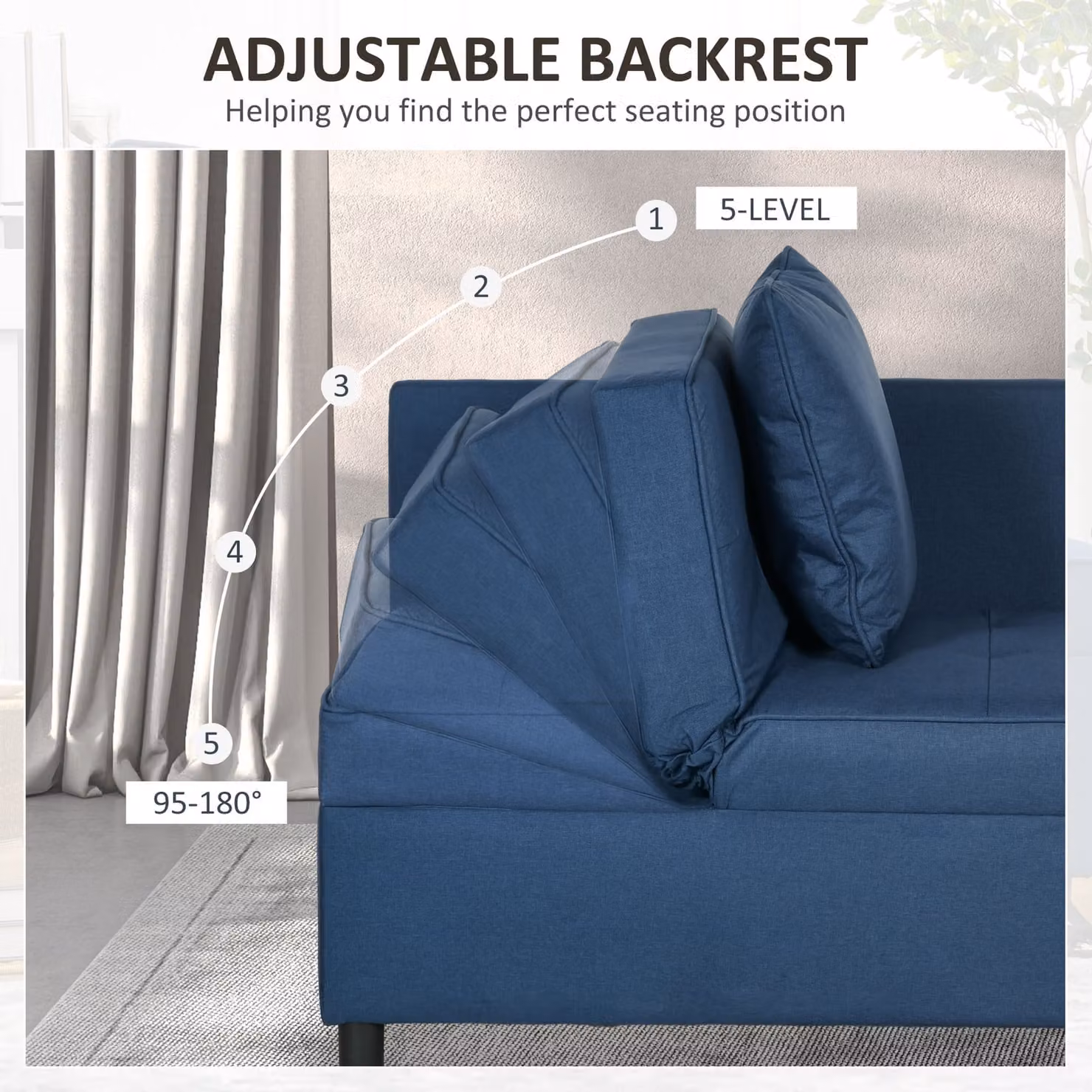 HOMCOM 3-in-1 Single Sofa Bed in Blue with 5-Position Adjustable Back and Removable Washable Pillow – 5