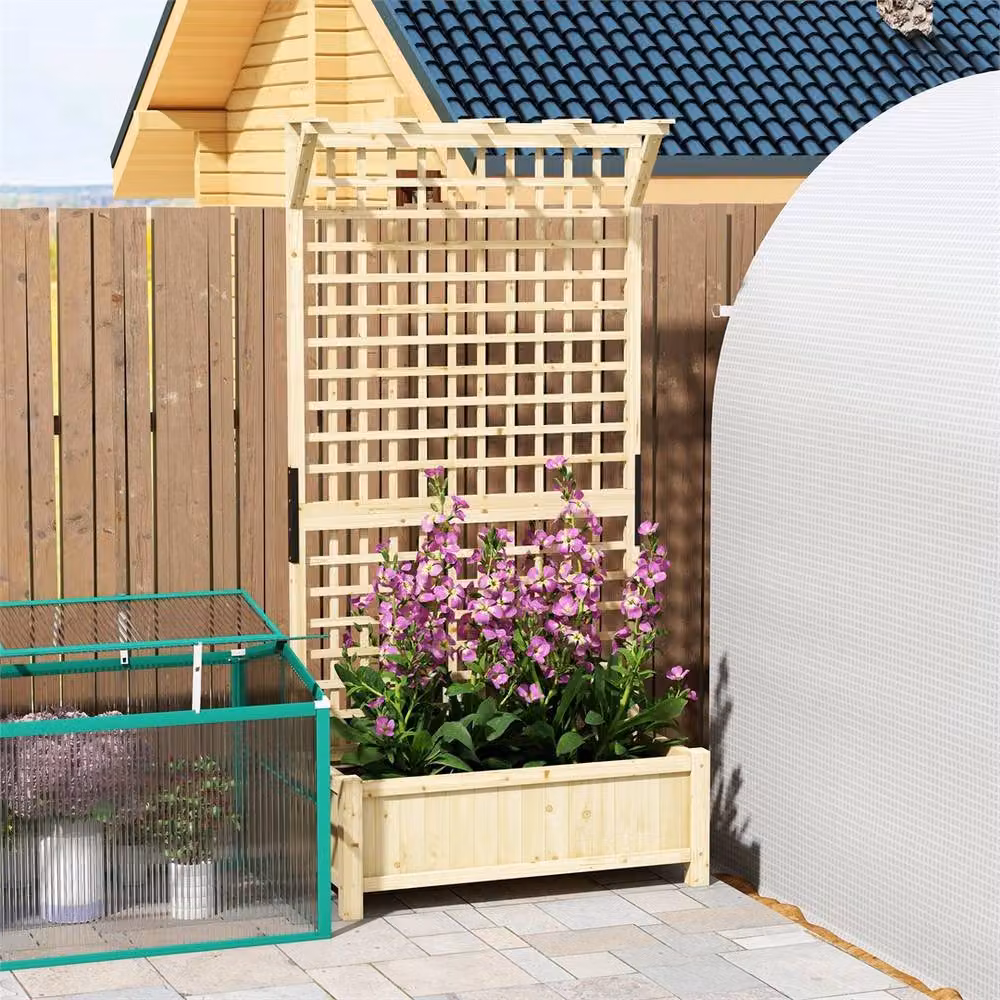 Nordara Natural Wooden Raised Bed Planter with Trellis and Drain Holes in Beige – 3