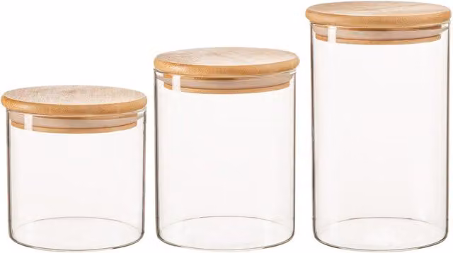 Argon Tableware 3 Piece Scandi Glass Storage Jars Set with Wooden Lids in Transparent and Yellow
