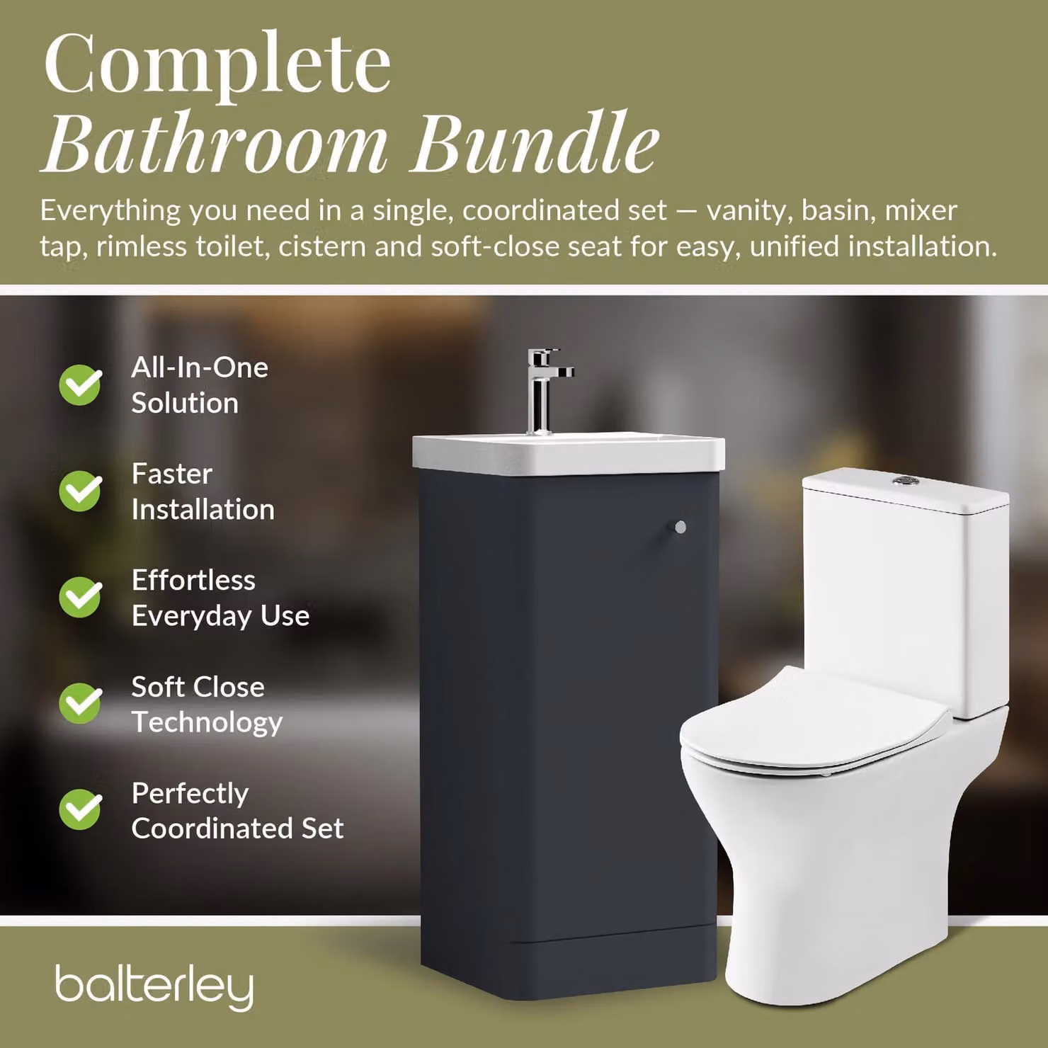 Balterley Modern Dark Grey 1 Door Freestanding Bathroom Vanity Unit with Tap and Toilet Pack – 5