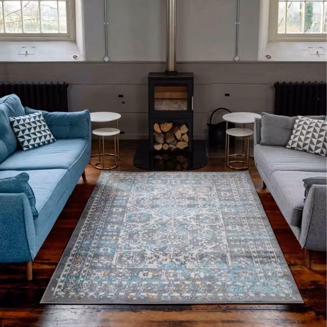 The Rug House Grey Geometric Classic Rectangular Rug W: 110 cm, D: 60 cm