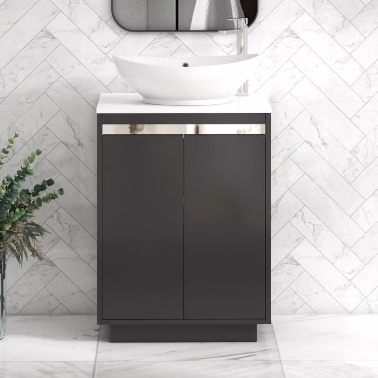 Royal Bathrooms Orion 600mm Matt Obsidian Black and Plain White Floor Standing 2 Door Vanity Unit with Amaze Basin and Chrome Accent Trim