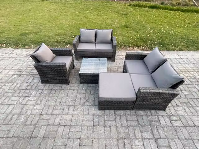Fimous Modern Polyrattan Garden Furniture Set in Dark Grey with 2-Seater Sofa, Armchair, Coffee Table and Ottoman