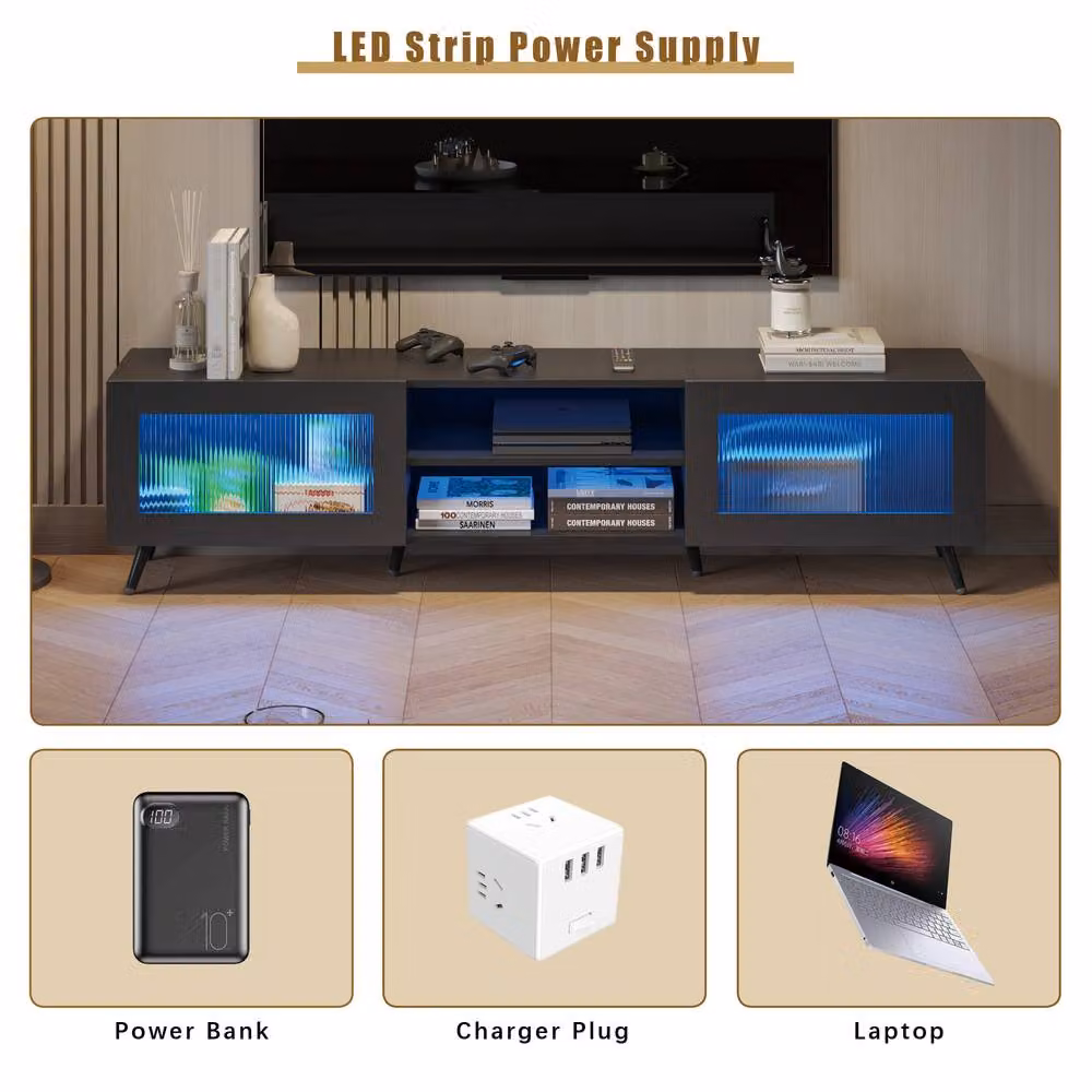 KEEPREAPER Stylish Black TV Stand with Transparent Acrylic Doors for 32-70 Inch TVs – 7