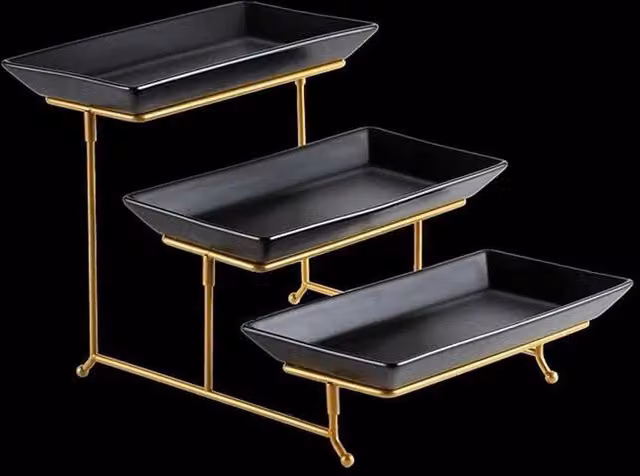 VOGREX 3 Tier Ceramic Cake and Dessert Serving Platter Set in Multicolour and Black – 1