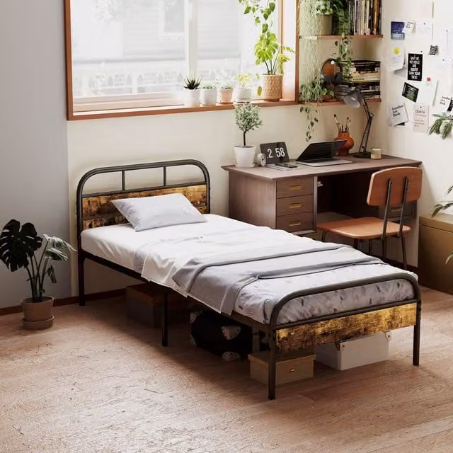HOMCOM Industrial Bed Frame with Headboard Storage and Bedside Shelf in Brown Metal and Wood, W/D/H: 180 x 200 cm