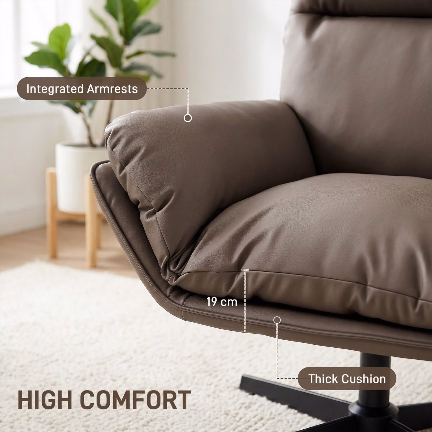 HOMCOM 360 Degree Swivel Accent Armchair with Padded Fabric Cushion in Dark Brown – 5