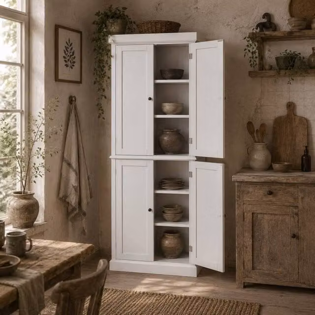 Wyld Haus Varofa White Freestanding Kitchen Cupboard with 4 Hinged Doors and 6 Tier Shelving, H: 184.0 cm x W: 76.0 cm