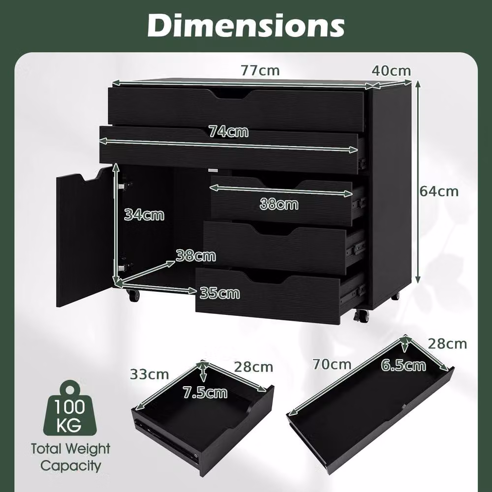 Gymax Mobile Chest of Drawers and Lateral File Cabinet with Printer Stand and Doors in Black – 3
