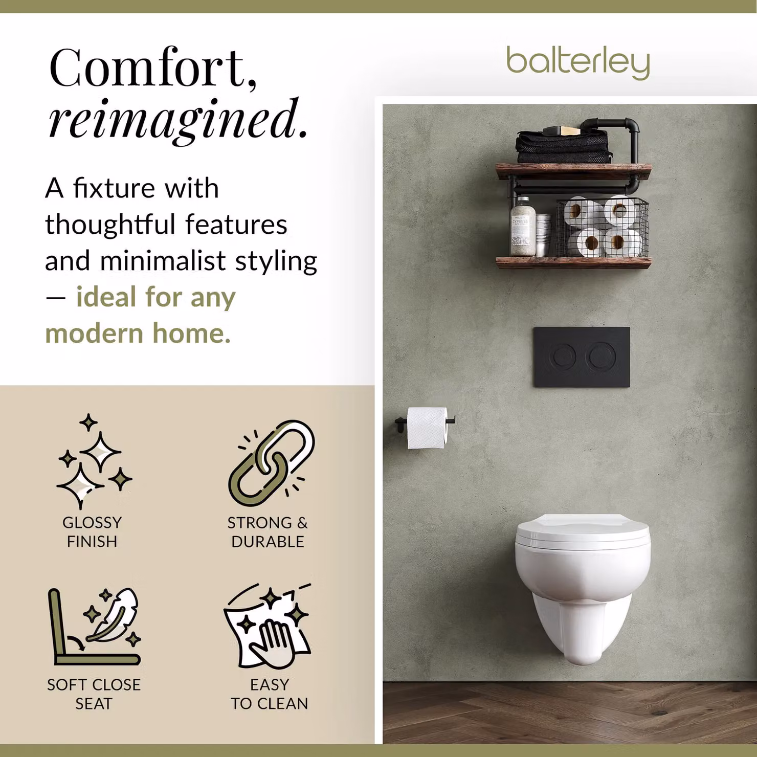 Balterley Adley Wall Hung Rimless Ceramic Toilet Pan with Soft Close Seat, White, W: 53.5 cm – 2