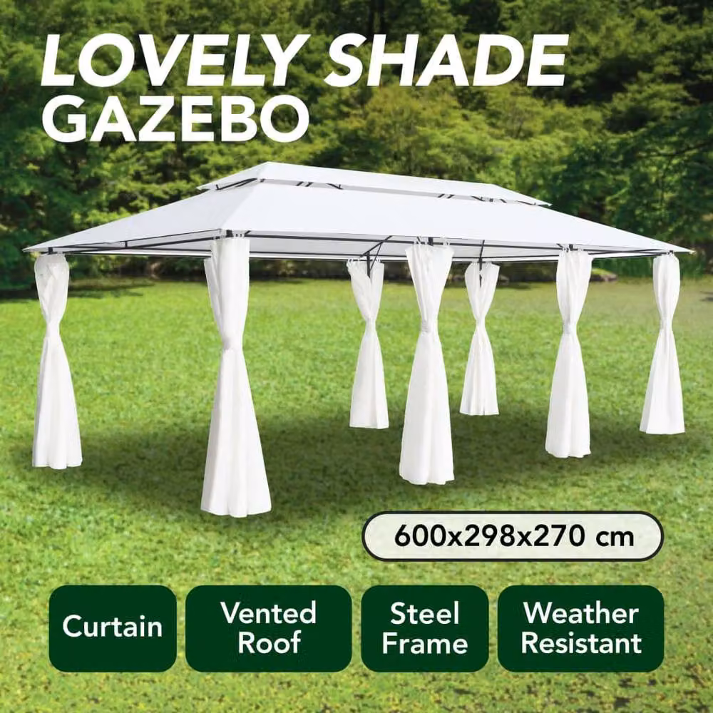 Berkfield Home Gazebo with Curtains in White, W/D/H: 600 x 298 x 270 cm – 2