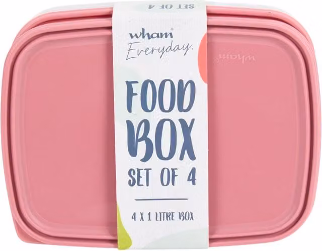 Wham Everyday Reusable Plastic Food Boxes with Snap Lids, Pink, Set of 4