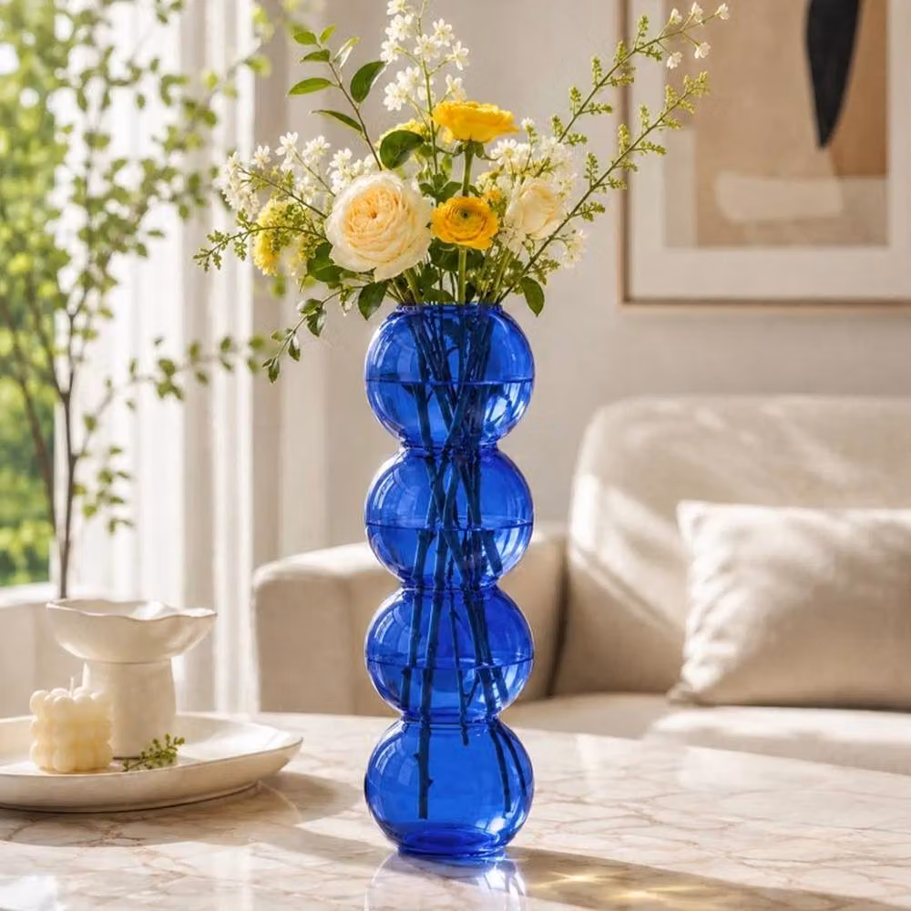 PAWNORA Set of 2 Blue Bubble Shaped Glass Vases for Tabletop Decor – 4