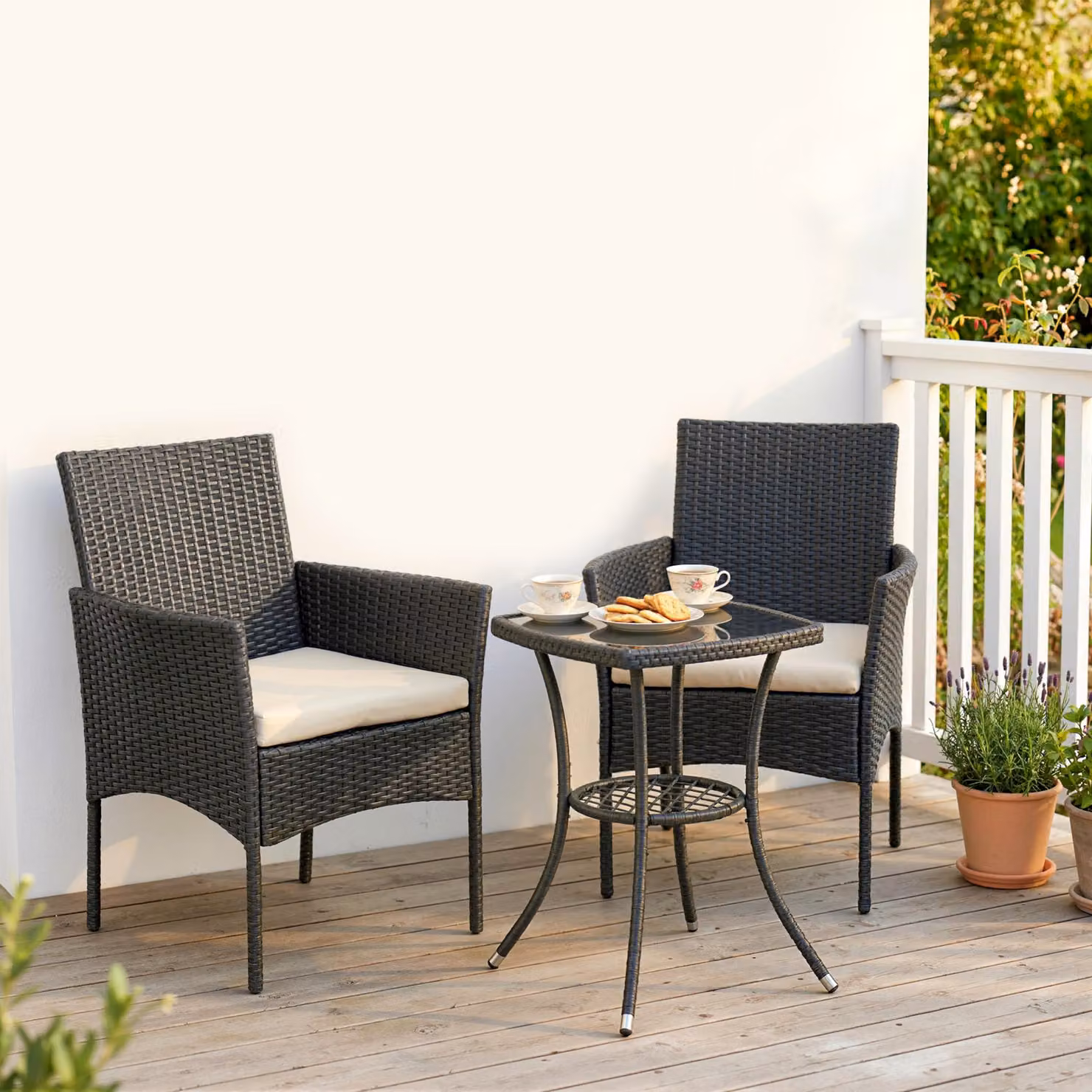 Outsunny 3 Piece Rattan Bistro Set with 2 Tier Glass Top Table and Chairs in Cream White – 7