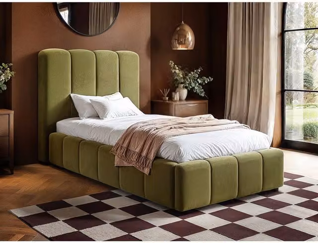 Solace+Co Emilie Ribbed Single Ottoman Bed in Green Velvet and Bouclé, W/D/H: 90 x 200 x 113 cm – 1