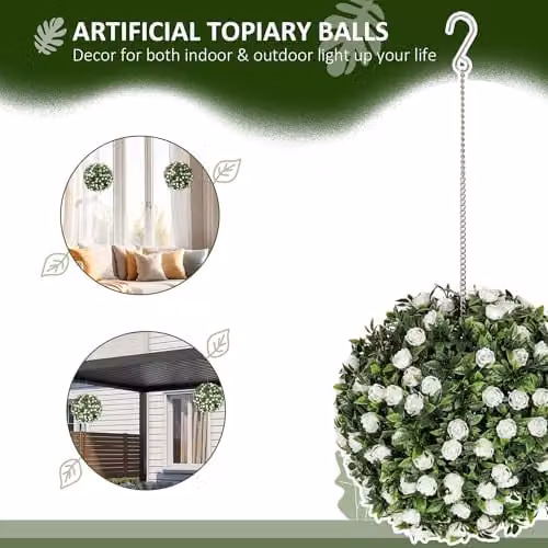 HOMCOM Set of 2 White Artificial Rose Topiary Balls, 28 cm Diameter – 2