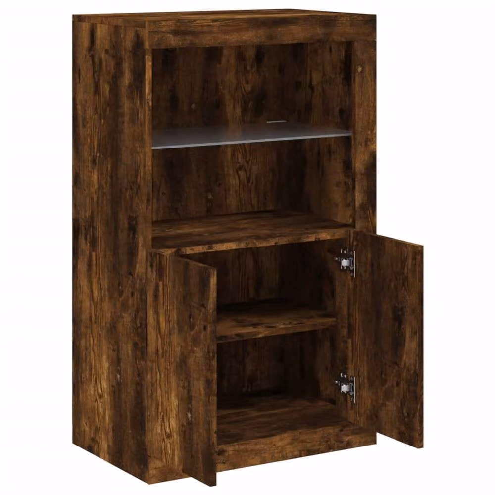 Berkfield Home Side Cabinet in Smoked Oak with Glass Doors and Integrated LED Lights, Brown, W/D/H: 100 x 37 x 60.5 cm – 4