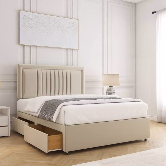 BSSPOKE Velvet Divan Bed with 24 inch Headboard, 2 Drawers and Mattress, Beige, W/D/H: 180 x 200 cm