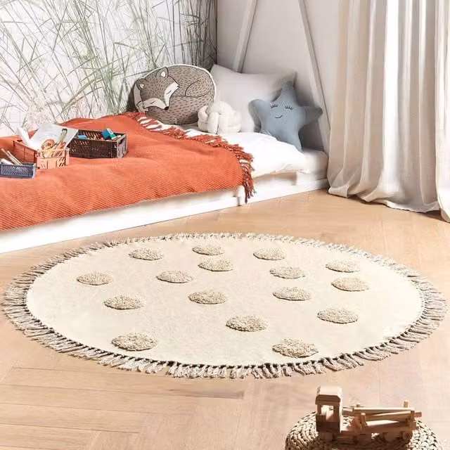 Wyld and Coco Round Beige Cotton Kids Rug with Fringes, Diameter: 140 cm – 1