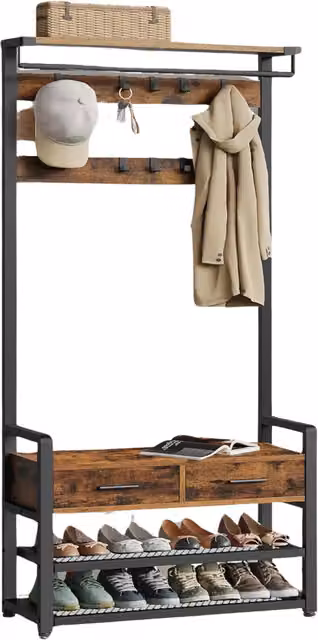 Furnold Industrial Hall Tree Coat Rack and Shoe Storage Bench in Brown