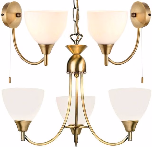 Loops Lighting Pack with 3 Ceiling Lamps and 2 Wall Lights in Antique Brass and Clear Glass